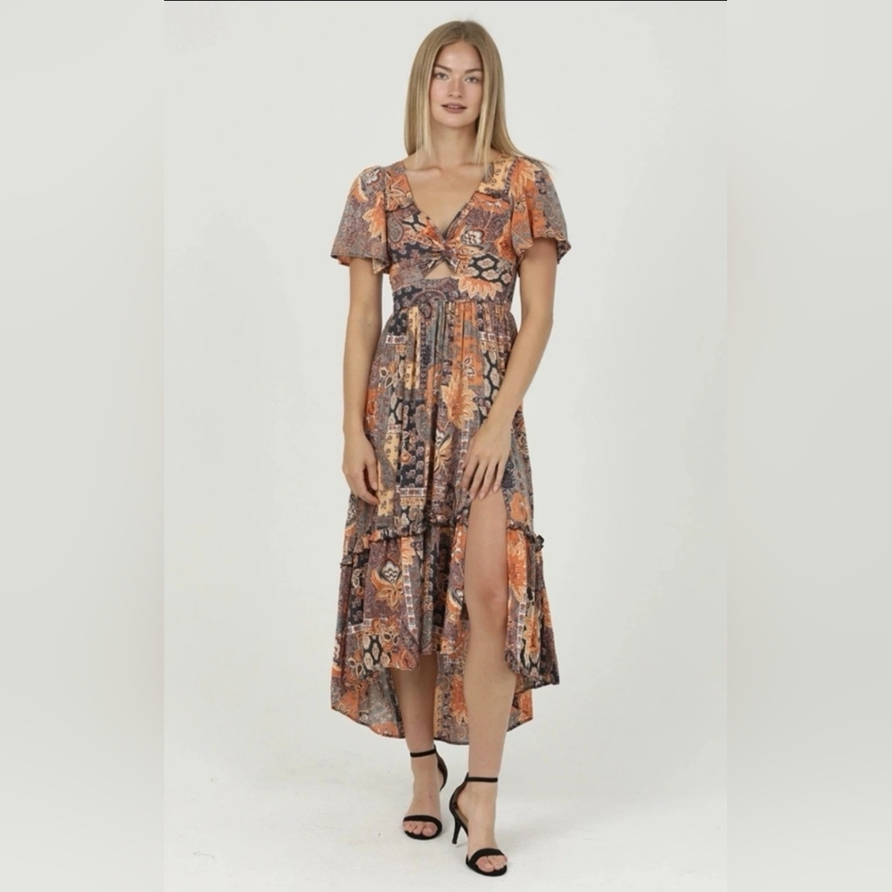 Vintage Angie High-Low Dress - 1970s - Sweetheart V-Neck - Earth Tones - Size L